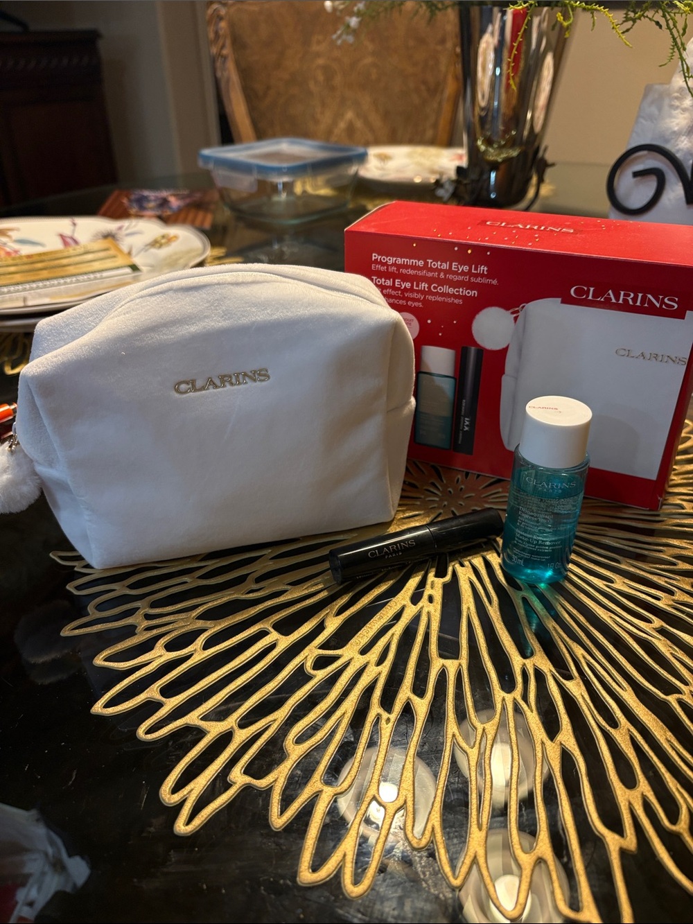 Clarins White Cosmetic Pouch with Gold Logo